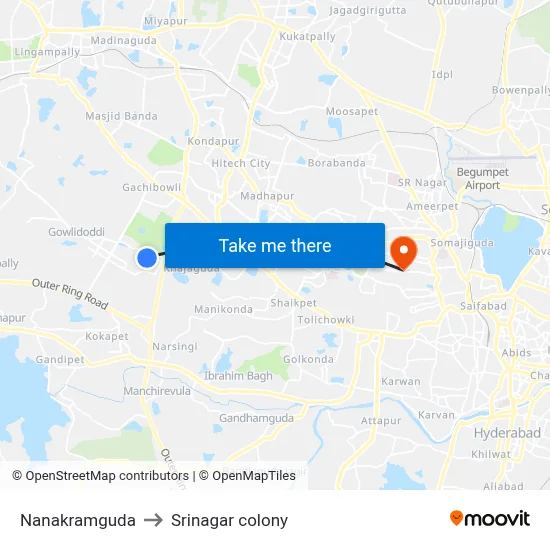 Nanakramguda to Srinagar colony map