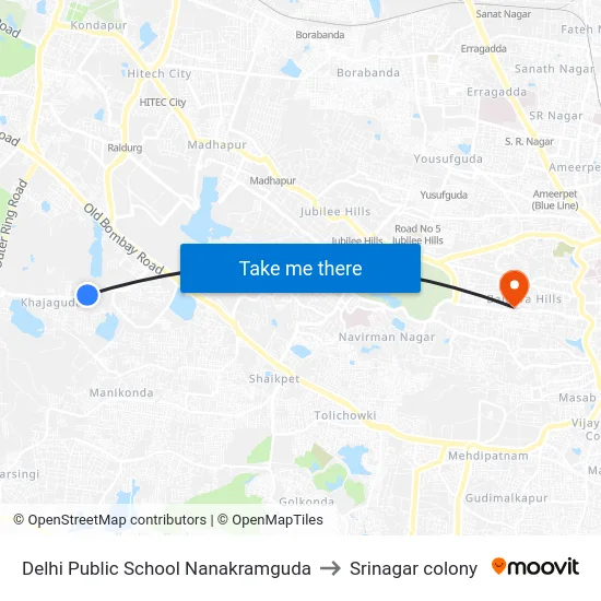 Delhi Public School Nanakramguda to Srinagar colony map