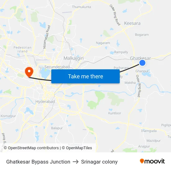 Ghatkesar Bypass Junction to Srinagar colony map
