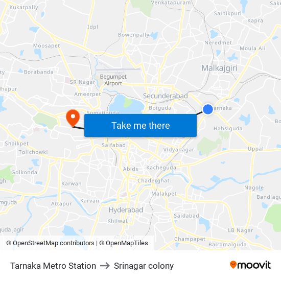 Tarnaka Metro Station to Srinagar colony map