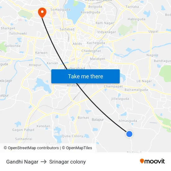 Gandhi Nagar to Srinagar colony map
