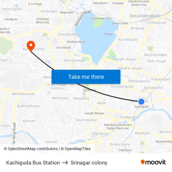 Kachiguda Bus Station to Srinagar colony map