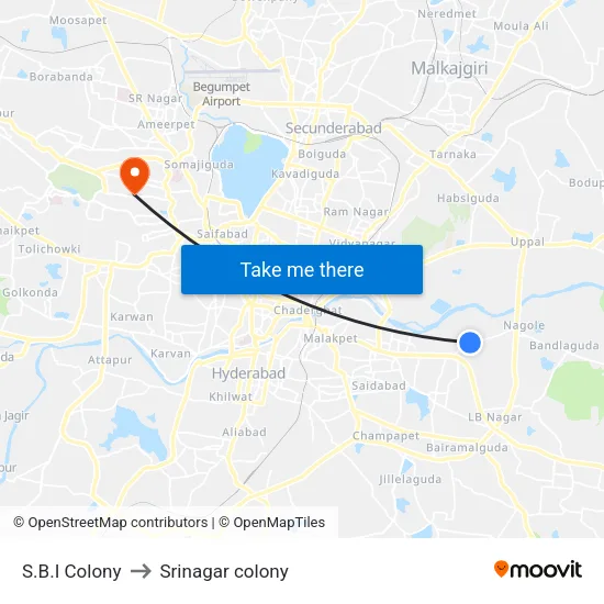 S.B.I Colony to Srinagar colony map