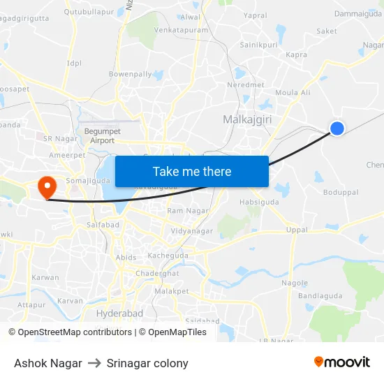 Ashok Nagar to Srinagar colony map
