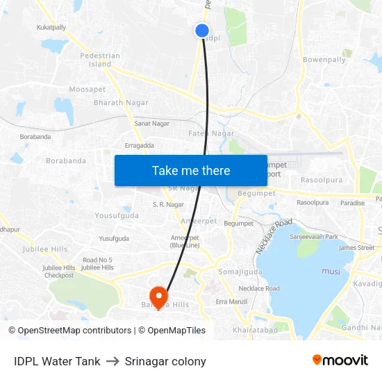 IDPL Water Tank to Srinagar colony map