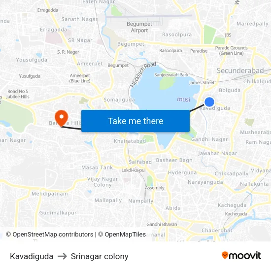 Kavadiguda to Srinagar colony map