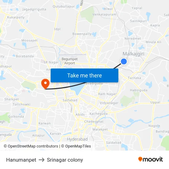 Hanumanpet to Srinagar colony map
