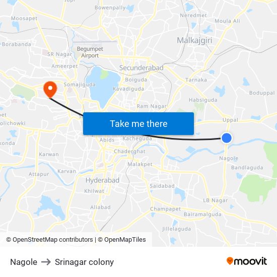 Nagole to Srinagar colony map