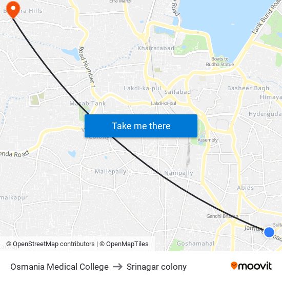 Osmania Medical College to Srinagar colony map