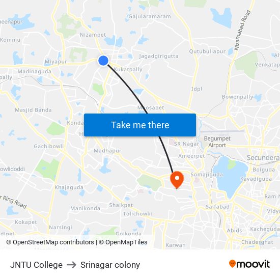 JNTU College to Srinagar colony map