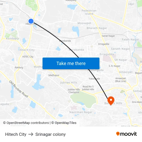 Hitech City to Srinagar colony map