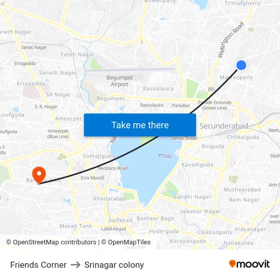 Friends Corner to Srinagar colony map