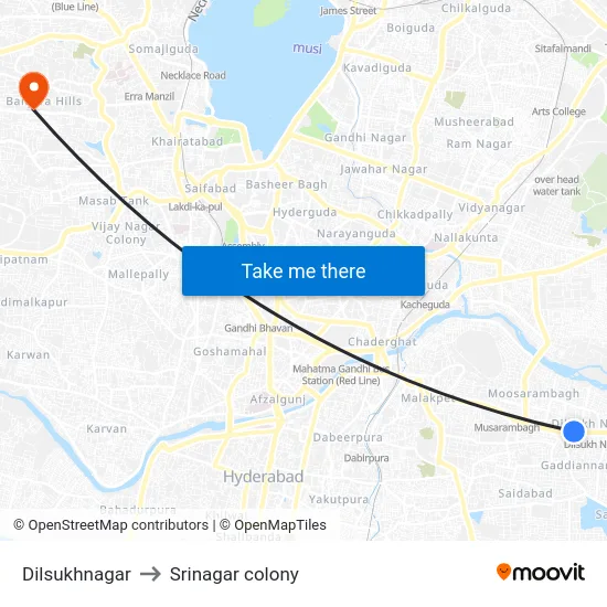 Dilsukhnagar to Srinagar colony map
