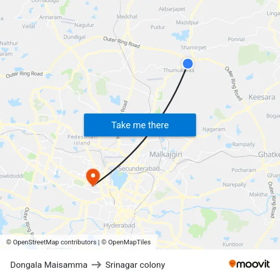 Dongala Maisamma to Srinagar colony map