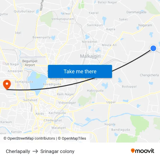 Cherlapally to Srinagar colony map