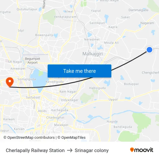 Cherlapally Railway Station to Srinagar colony map