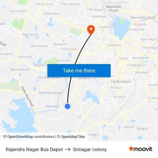 Rajendra Nagar Bus Depot to Srinagar colony map