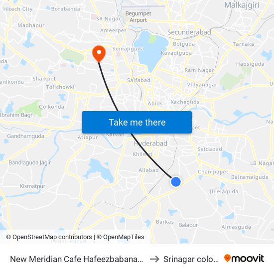 New Meridian Cafe Hafeezbabanagar to Srinagar colony map