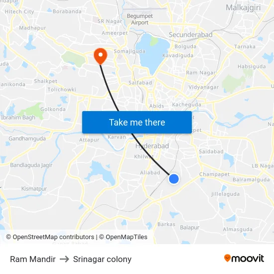 Ram Mandir to Srinagar colony map