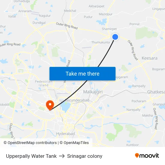Upperpally Water Tank to Srinagar colony map