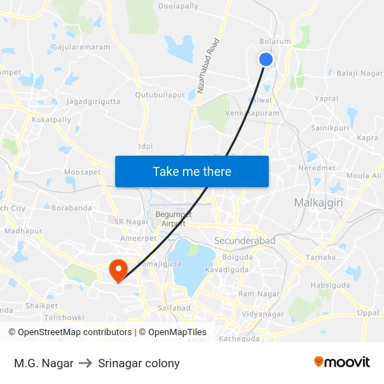 M.G. Nagar to Srinagar colony map