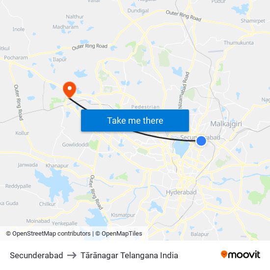 Secunderabad to Tārānagar Telangana India map