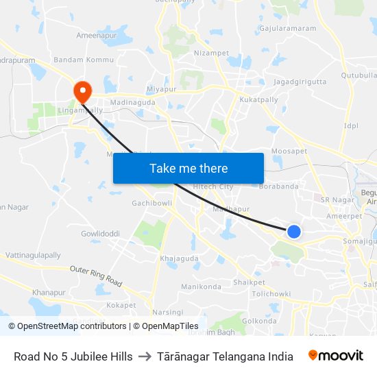 Road No 5 Jubilee Hills to Tārānagar Telangana India map