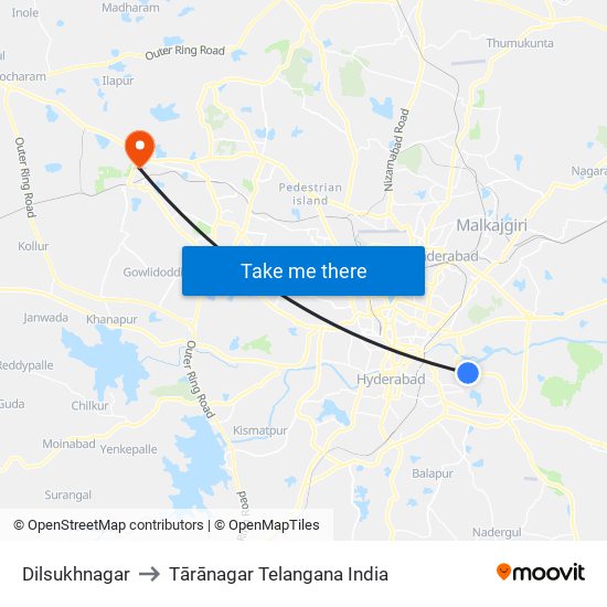 Dilsukhnagar to Tārānagar Telangana India map