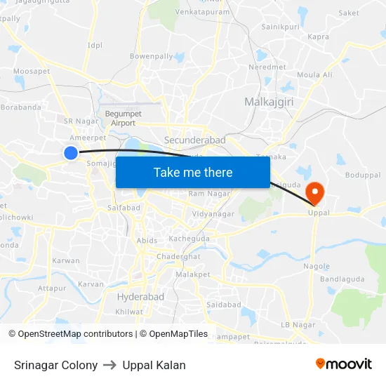 Srinagar Colony to Uppal Kalan map
