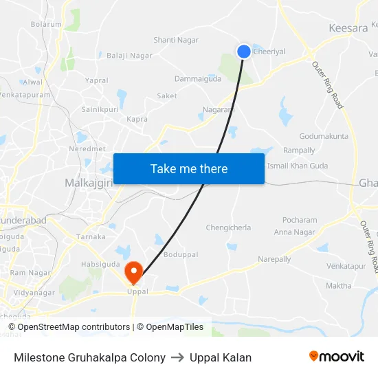 Milestone Gruhakalpa Colony to Uppal Kalan map