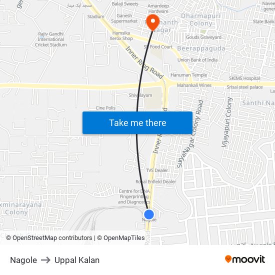 Nagole to Uppal Kalan map