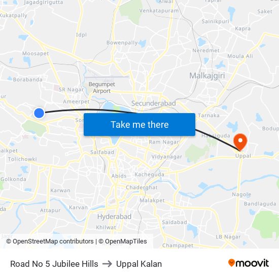 Road No 5 Jubilee Hills to Uppal Kalan map