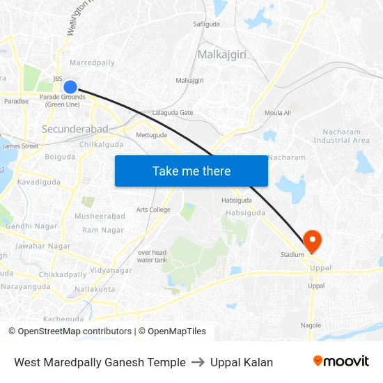 West Maredpally Ganesh Temple to Uppal Kalan map