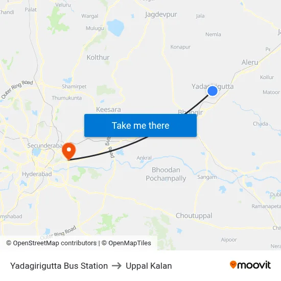 Yadagirigutta Bus Station to Uppal Kalan map