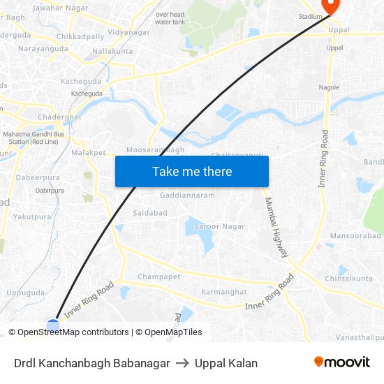 Drdl Kanchanbagh Babanagar to Uppal Kalan map