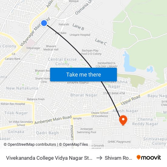 Vivekananda College Vidya Nagar Stop to Shivam Road map