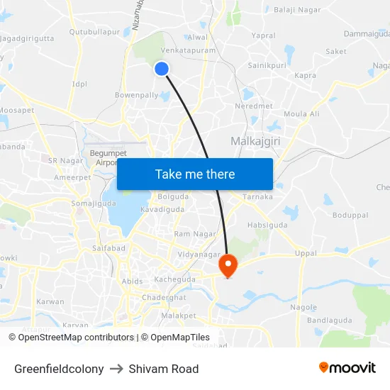 Greenfieldcolony to Shivam Road map