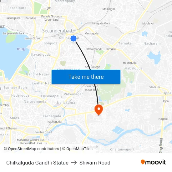 Chilkalguda Gandhi Statue to Shivam Road map
