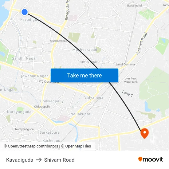 Kavadiguda to Shivam Road map