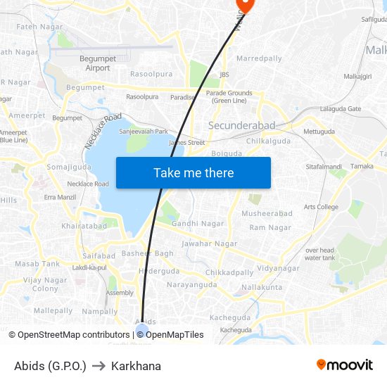 Abids (G.P.O.) to Karkhana map