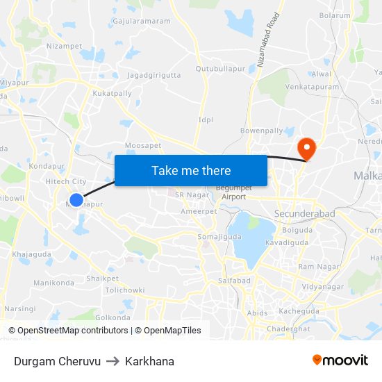 Durgam Cheruvu to Karkhana map