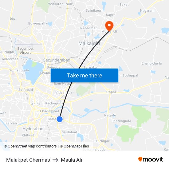 Malakpet Chermas to Maula Ali map
