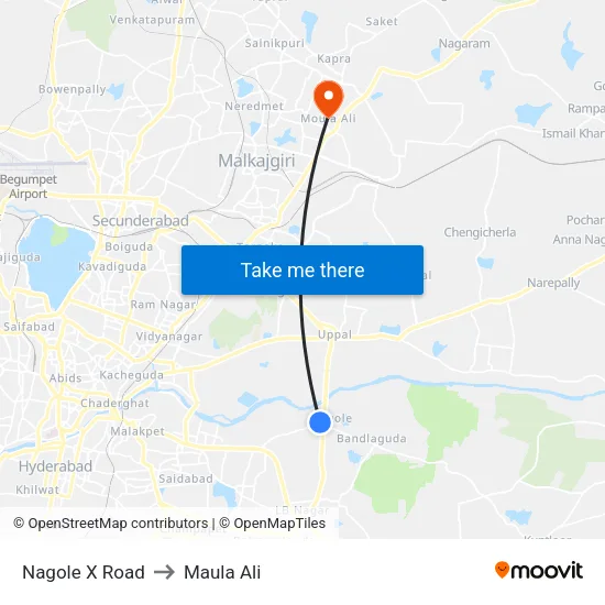 Nagole X Road to Maula Ali map