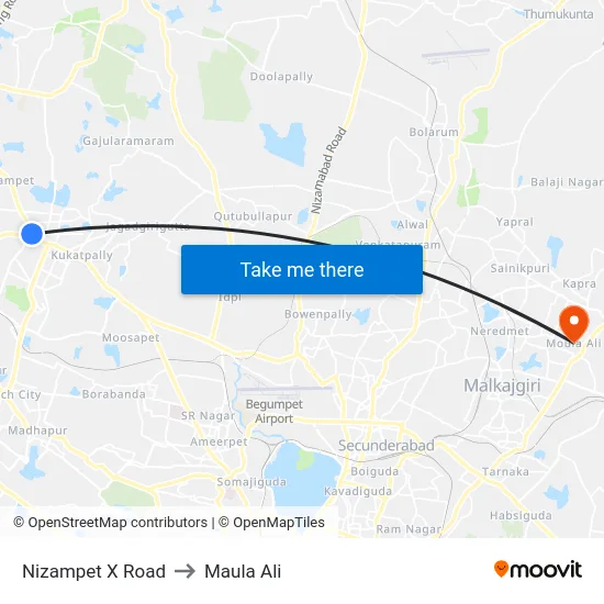 Nizampet X Road to Maula Ali map