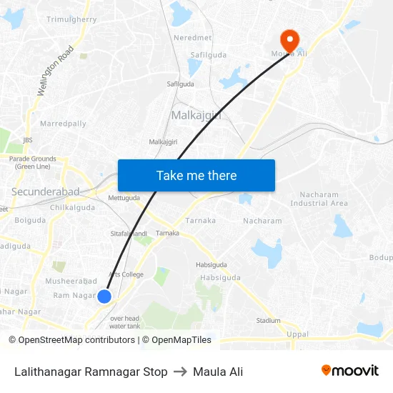 Lalithanagar Ramnagar Stop to Maula Ali map