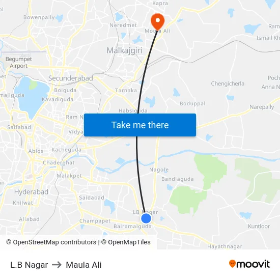 L.B Nagar to Maula Ali map