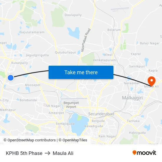 KPHB 5th Phase to Maula Ali map