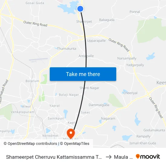 Shameerpet Cherruvu Kattamissamma Temple to Maula Ali map