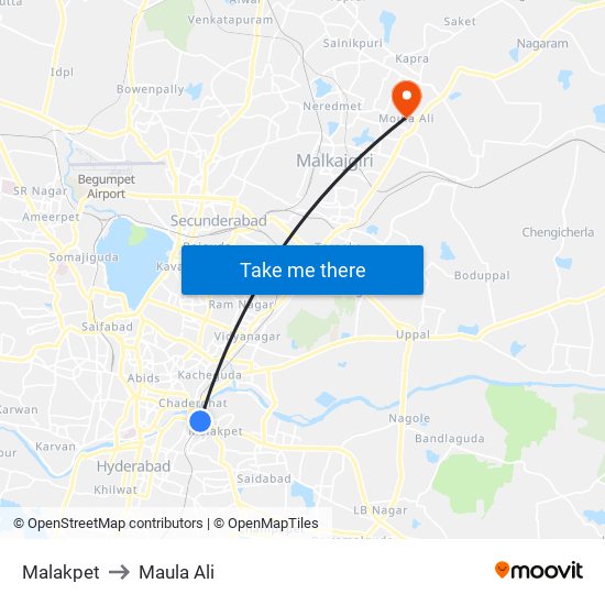 Malakpet to Maula Ali map