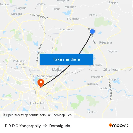 D.R.D.O Yadgarpally to Domalguda map